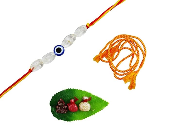 KRITI CREATIONS Clear Quartz With Turkish Evil Eye Rakhi for Education, Knowledge, Protection (Free Two Rakhi Dhaga and One Roli Chawal)