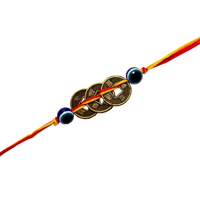 Kriti Three Wealth Coin with Evil Eye Rakhi for Wealth, Abundance, Good Fortune (Free Two Rakhi Dhaga and One Roli Chawal)