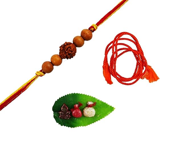 KRITI CREATIONS Multicolour Wooden Rakshasutra Rudraksha Rakhi for Power, Victory, Wealth with 2 Rakhi Dhaga and 1 Roli Chawal for Men and Women