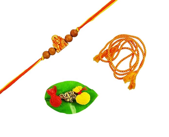 KRITI CREATIONS Unisex Wooden OM Sai Ram Chandan Rakshasutra Rakhi for Harmony, Trust, Success with 2 Dhaga and 2 Roli Chawal (Multicolor)